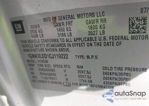 2012 Chevrolet Traverse Ltz z USA, uszkodzony, nr VIN 1GNKVLED1CJ119222